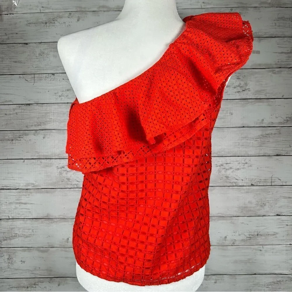 J. Crew One Shoulder Cotton Eyelet Ruffle Red Lined Top 2 Runs Medium 6/8